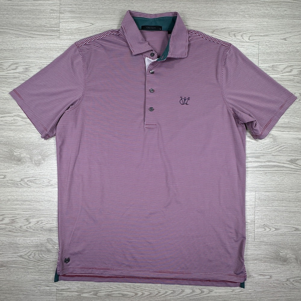 Greyson‎ Men's Polo Shirt Striped Purple Large Short Sleeve Golf Athletic